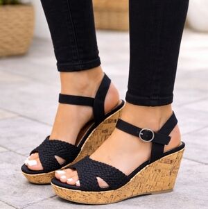 Jellypop NEW Gracey Costal Boho  Black Woven Platform Cork Wedge, Sandal 8M